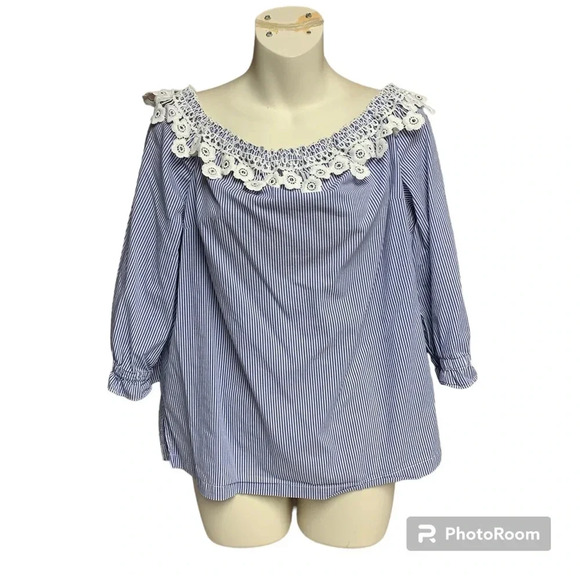 Elle blue/white striped top size XL wear on or off shoulder 3/4 sleeve - Picture 1 of 8